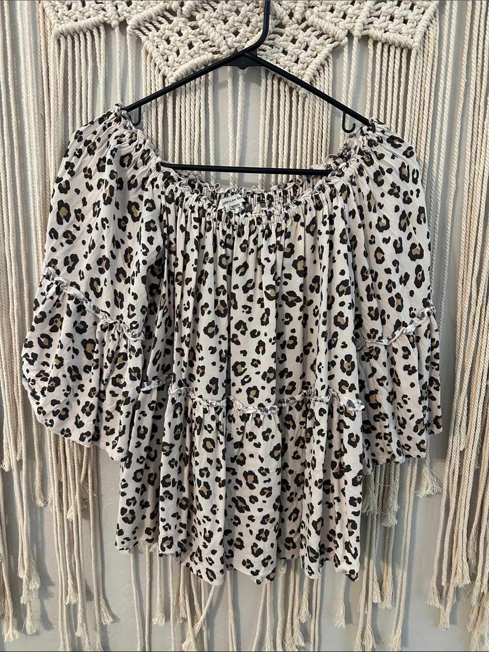 American Eagle Outfitters Cream Leopard Off-Shoulder Tiered Blouse
